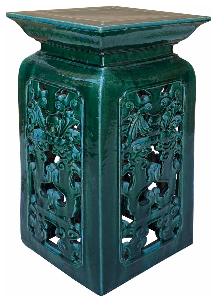 Ceramic Clay Green Square Tall Pedestal Table Bats Dragons Stand Hcs7010   Asian   Side Tables And End Tables   by Golden Lotus Antiques  Houzz