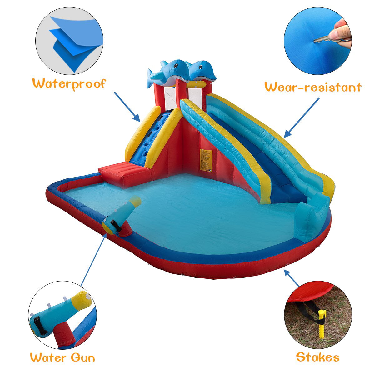 Inflatable Water Slide Park Bounce House for Kids, Climbing Wall & Splash Pool & Water Gun, Outdoor Backyard Waterslide for Girl & Boy (with 450W Air Blower)