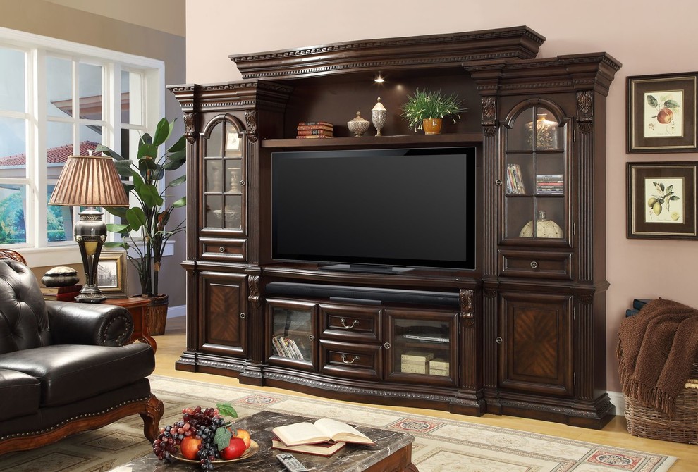 Emma Mason Signature Sherborne 4pc Entertainment Estate Wall in Dark Almond   Traditional   Entertainment Centers And Tv Stands   by Emma Mason  Houzz