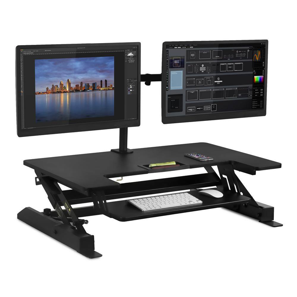 MOUNT-IT! 36.25 in. W Black Sit-Stand Desk Converter with Dual Monitor Mount MI-7934