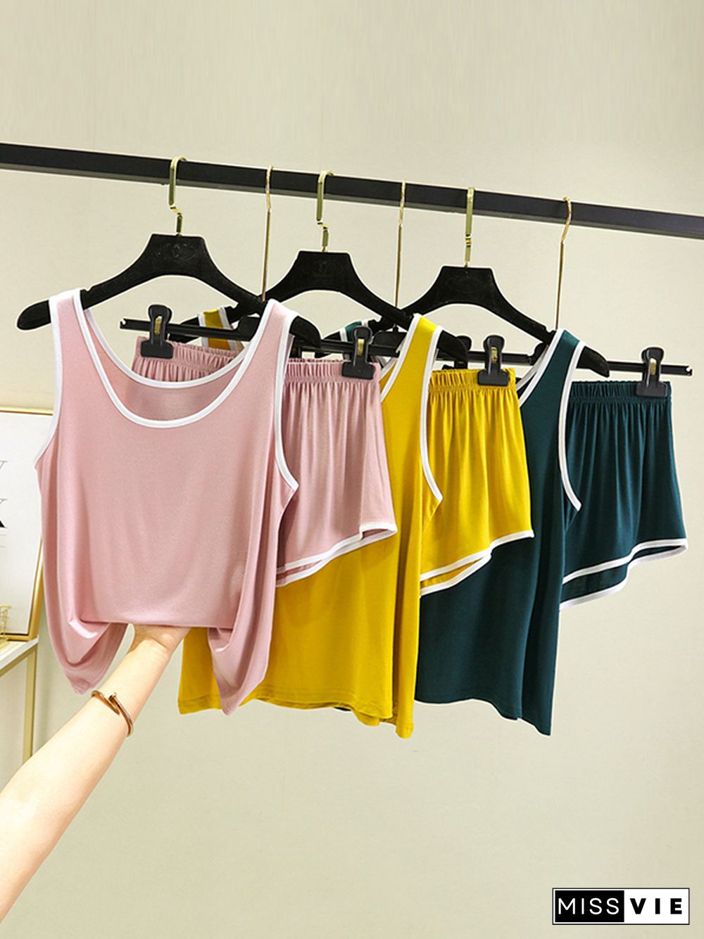 Home Wear Loose Sleeveless Contrast Color Round-Neck Vest&Shorts Pajamas Set