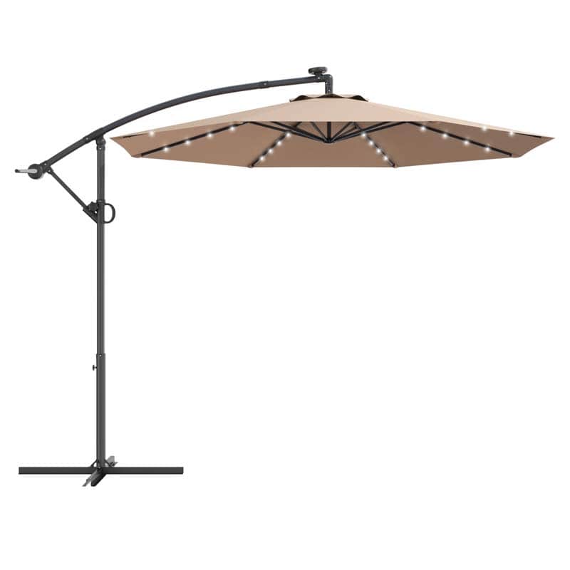 10 FT Patio Offset Umbrella with Solar Lights 360° Rotation Outdoor Market Umbrella with Crank Handle & Cross Base