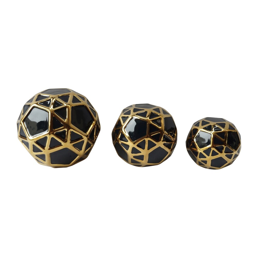 Set of 3 Decorative Orbs Contemporary Navy Blue and Gold Round Orb Decor Ceramic Home or Office Table Decoration