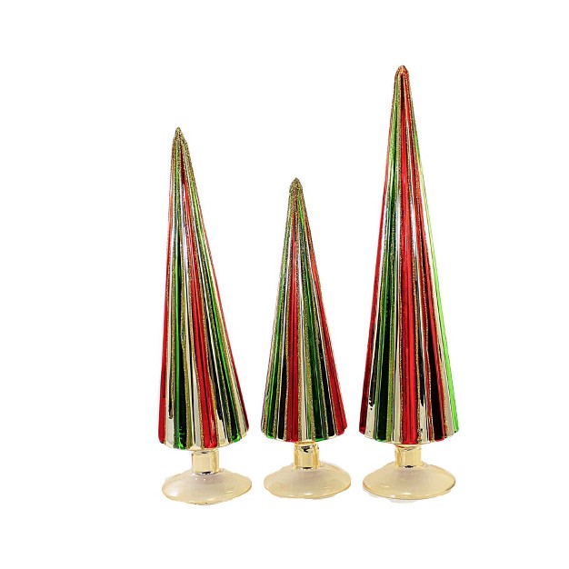 Red And Green Pleated Trees St 3 Decor Ation Gold Glitter Cody Foster Decorative Sculptures