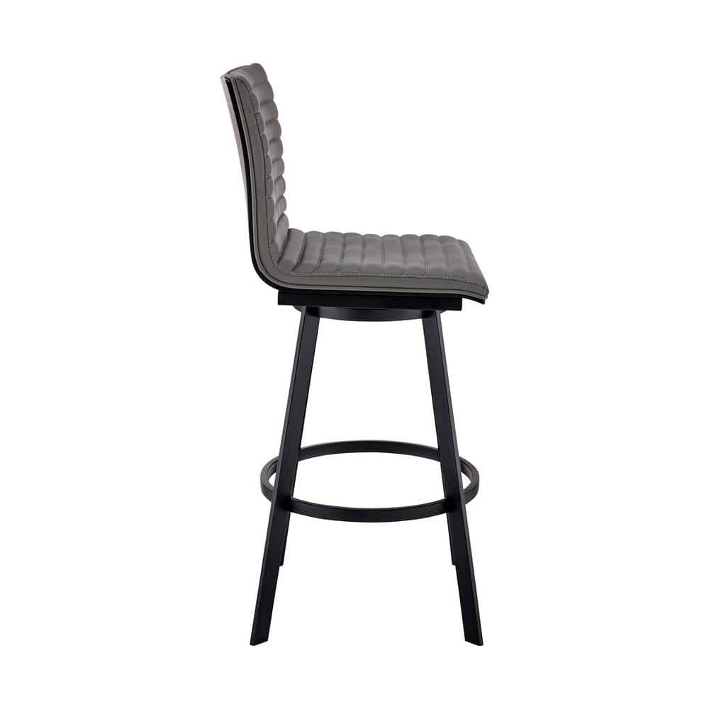 Armen Living Jermaine 30 in. Bar Height High Back Swivel Bar Stool in Matt Black with Grey Faux Leather 721535762019