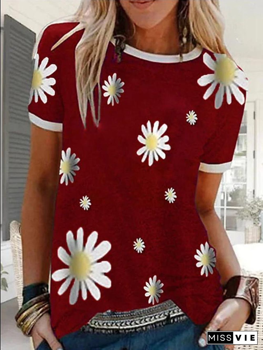 Women's T-shirt Floral Graphic Prints Flower Round Neck Tops Basic Top Black Blue Red