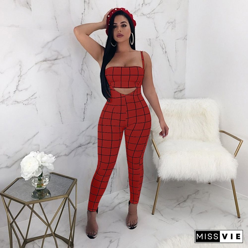 Plaid Strapless Crop Top+Skinny Jumpsuit Matching Sets