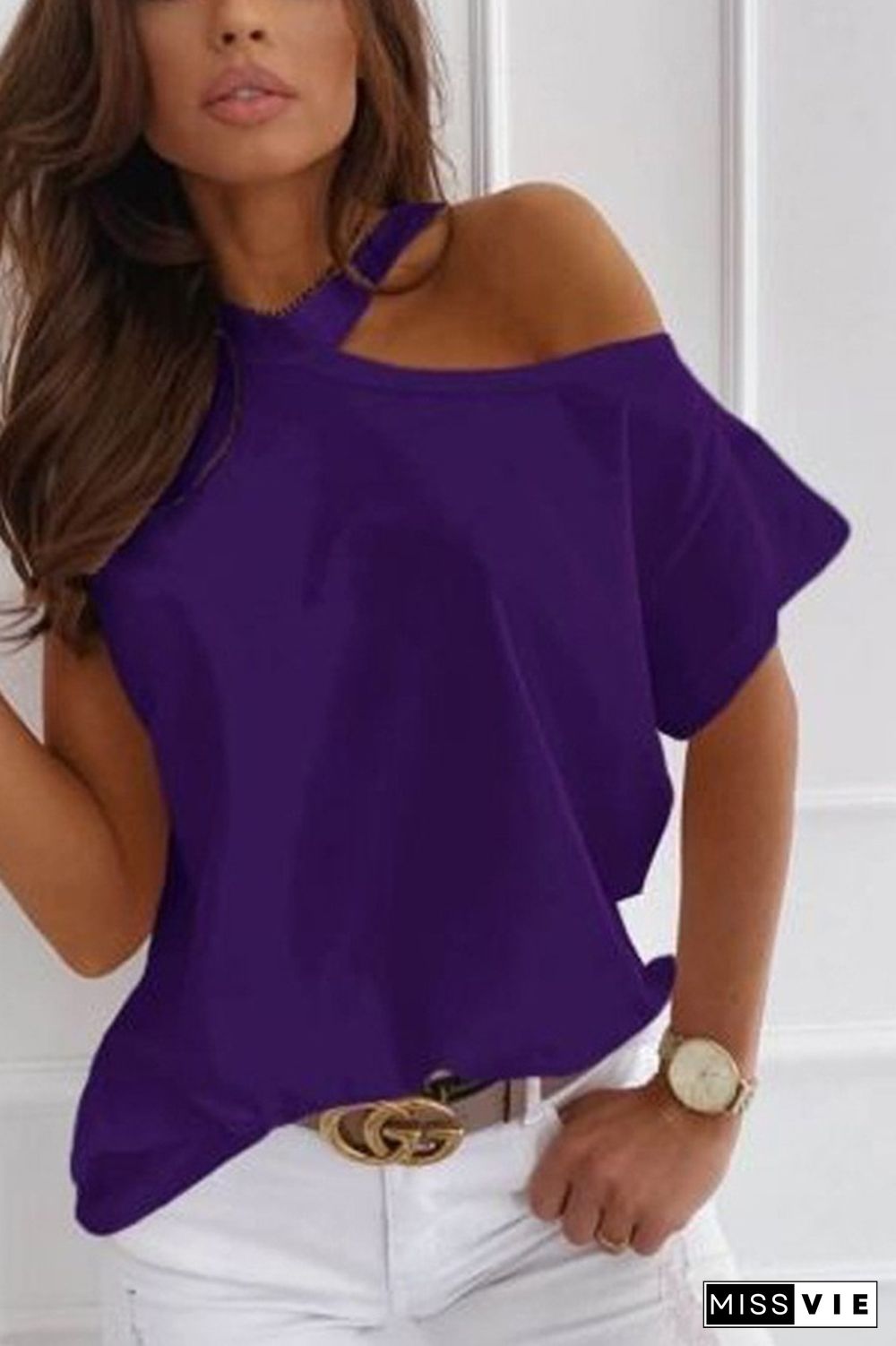 Purple Solid Color Off Shoulder Short Sleeve Tee