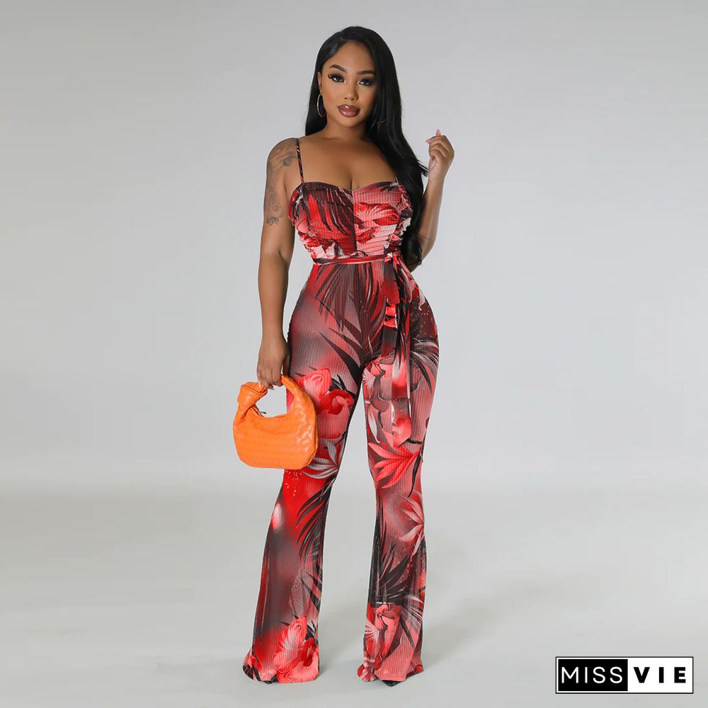 Sling Print Sexy Backless Flared Jumpsuit