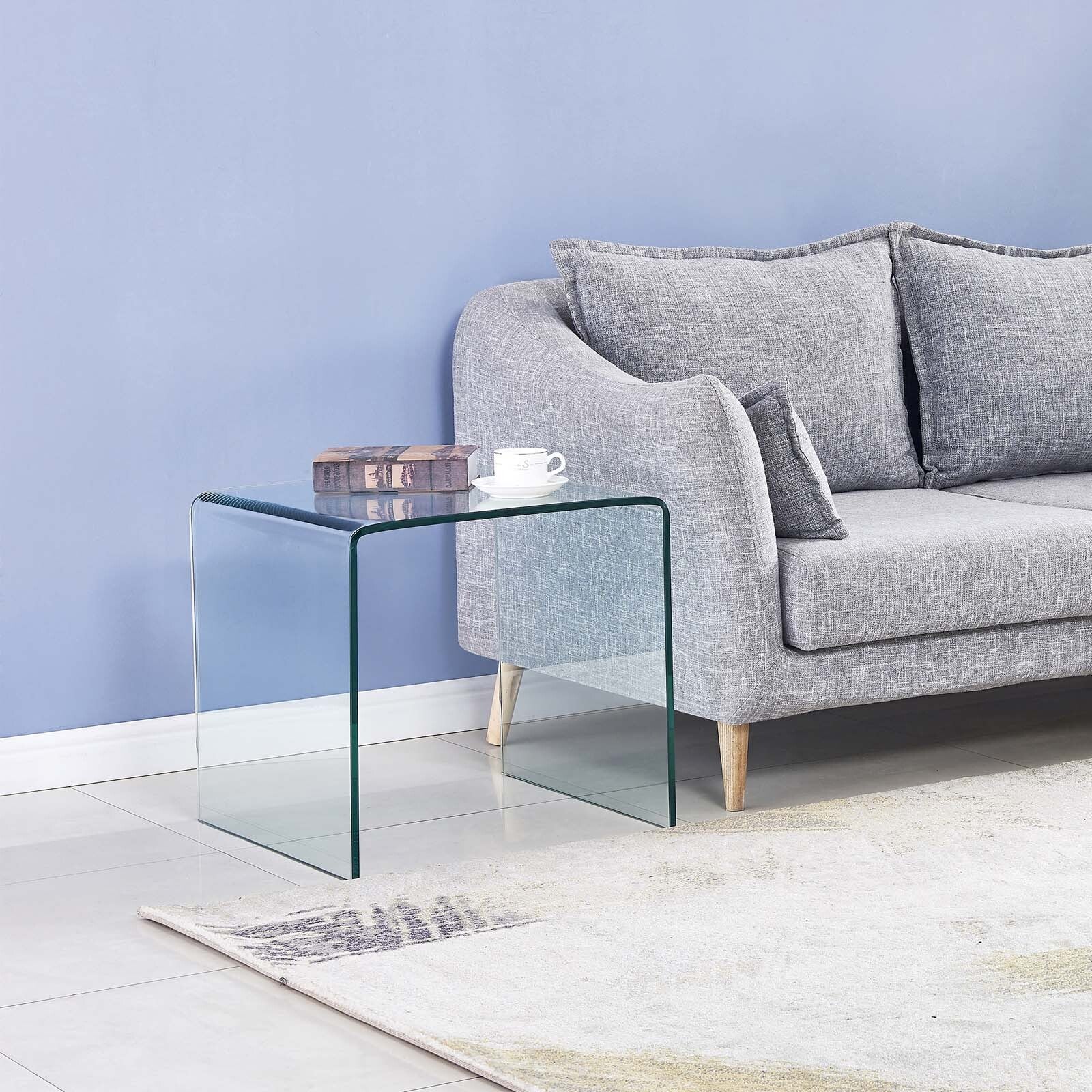 WEIKABU Modern Clear Glass End Side Table U-Shaped Tempered Glass Coffee Table for Living Room Bedroom