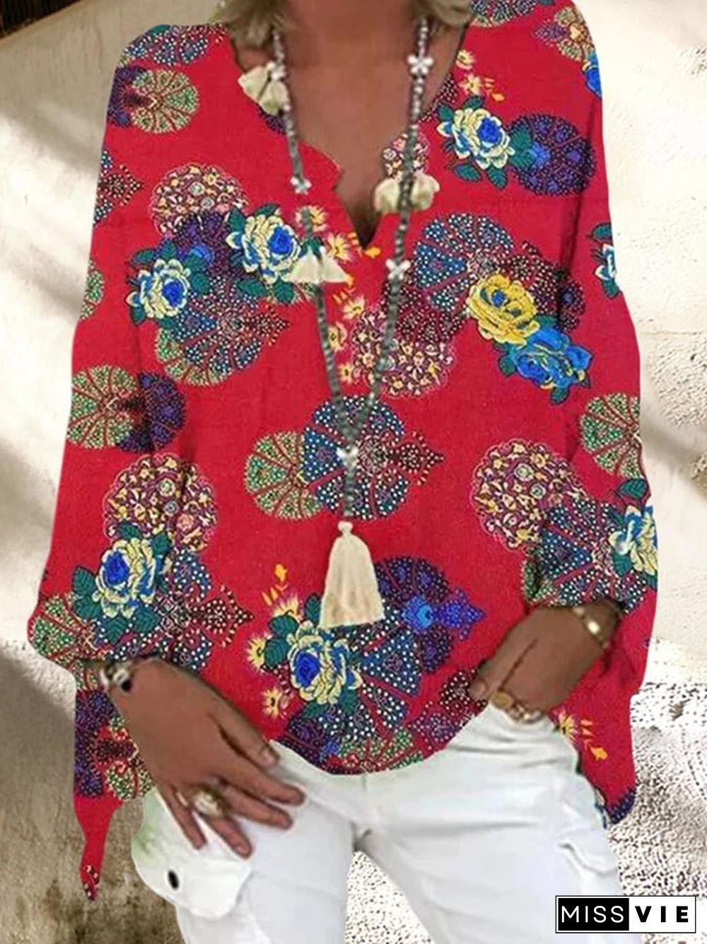 Women's Geometric Printed Long Sleeve V-neck Casual shirt