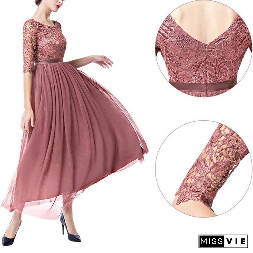 Women's Vintage Floral Lace 3/4 Sleeves Floor Length Retro Evening Cocktail Formal Bridesmaid Gown Long Maxi Dress