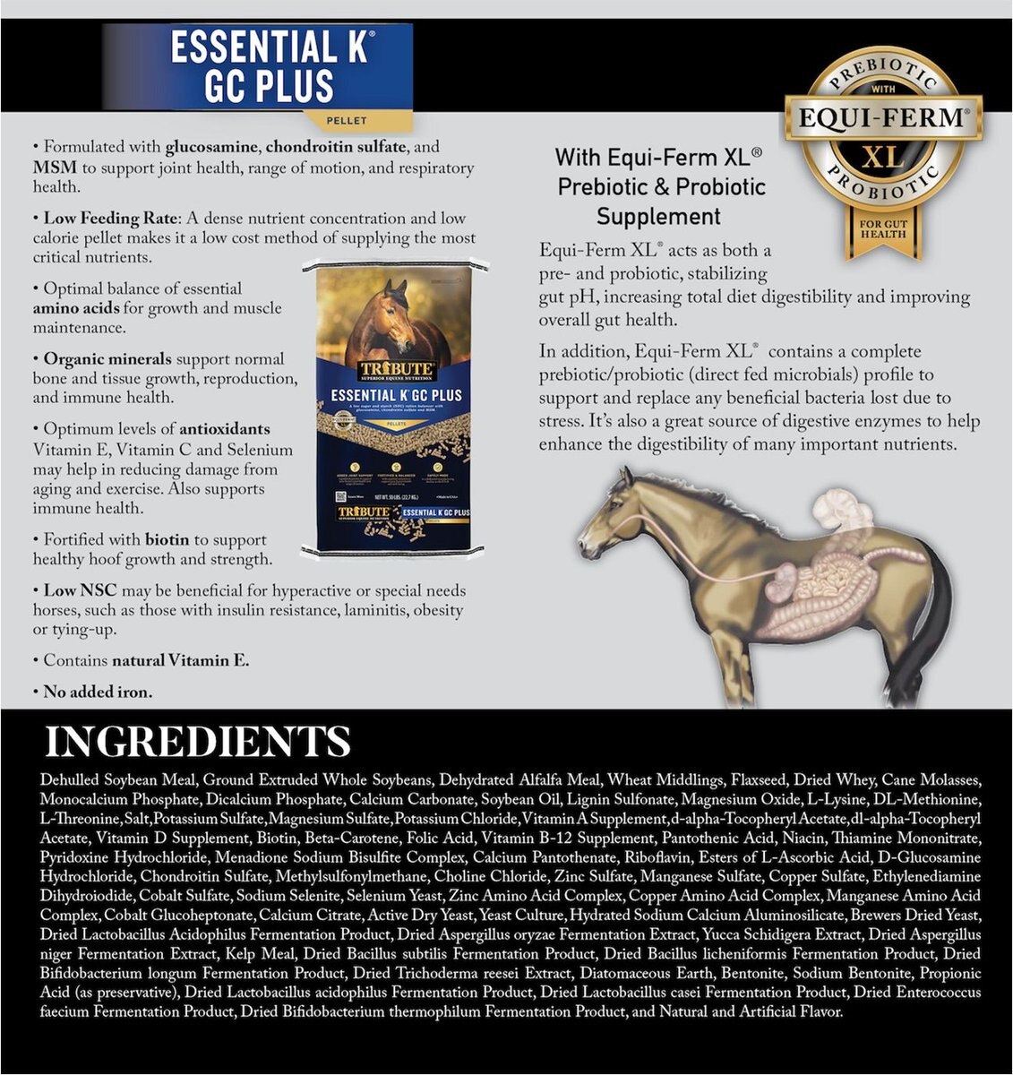 Tribute Equine Nutrition Essential K GC Plus Low-NSC， Joint Support Horse Feed