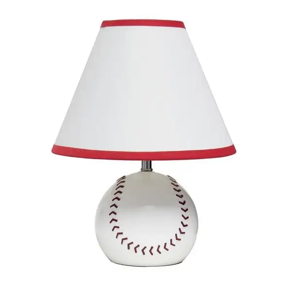 Simple Designs Athletic Sports Baseball Base Ceramic Bedside Table Desk Lamp with White Empire Fabric Shade with Red Trim