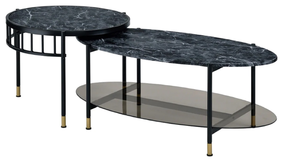 Benzara BM275495 2 Piece Nesting Coffee Table  Marble Top  Glass Shelf  Black   Contemporary   Coffee Table Sets   by Uber Bazaar  Houzz