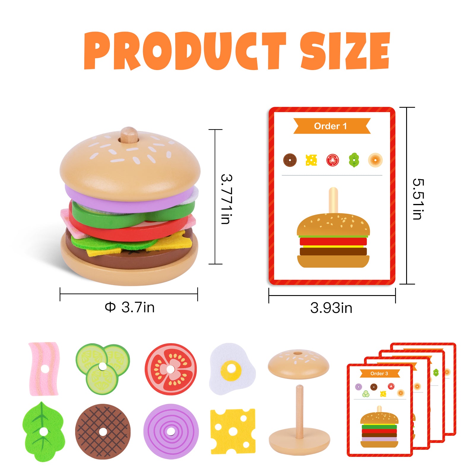 TOOKYLAND Montessori Hamburger Stacking Toys, Wooden Burger Toy Play Food Toys for Kids, Fine Motor Toys for 3 4 5 Year Old, Fake Food Hamburger Toys with Order Cards