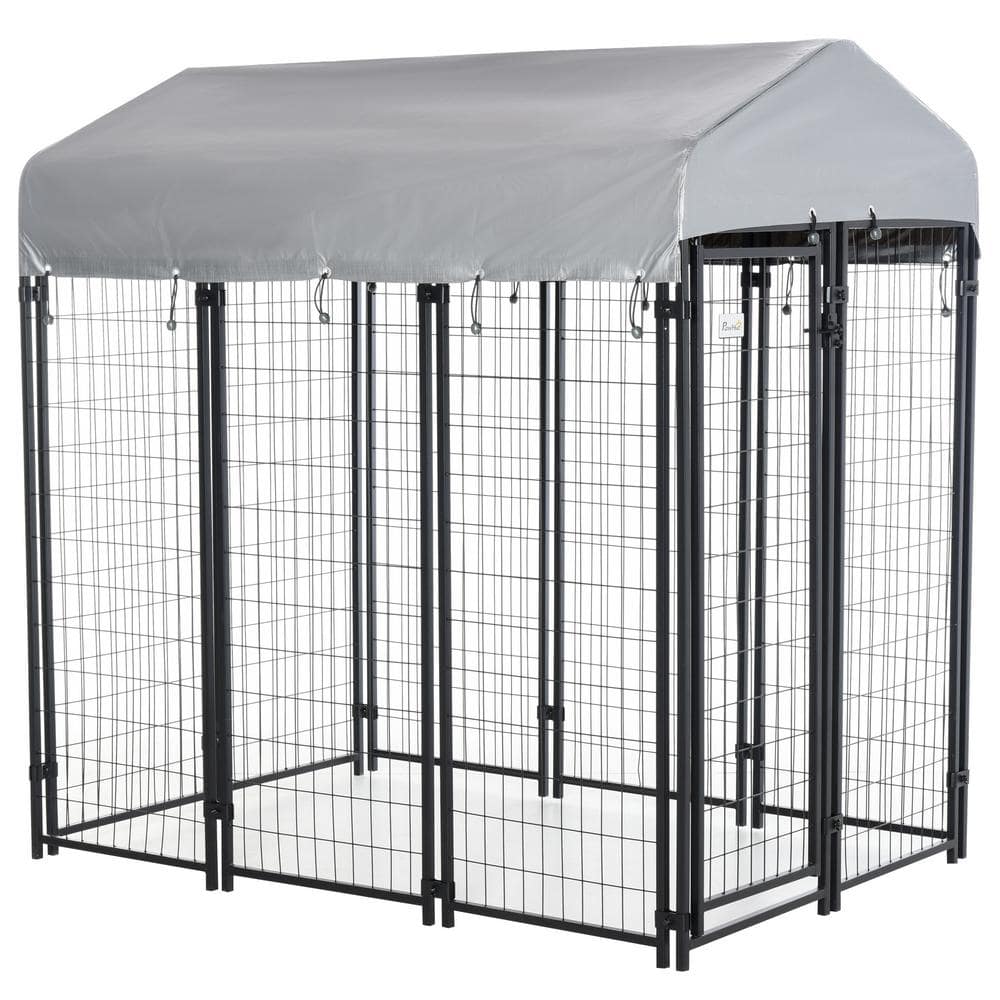 PawHut Black Steel 6 ft.  x 4 ft.  x 6 ft.  0.0005 -Acre In-Ground Dog Fence Dog Kennel Outdoor Steel Fence with Canopy D02-011V02