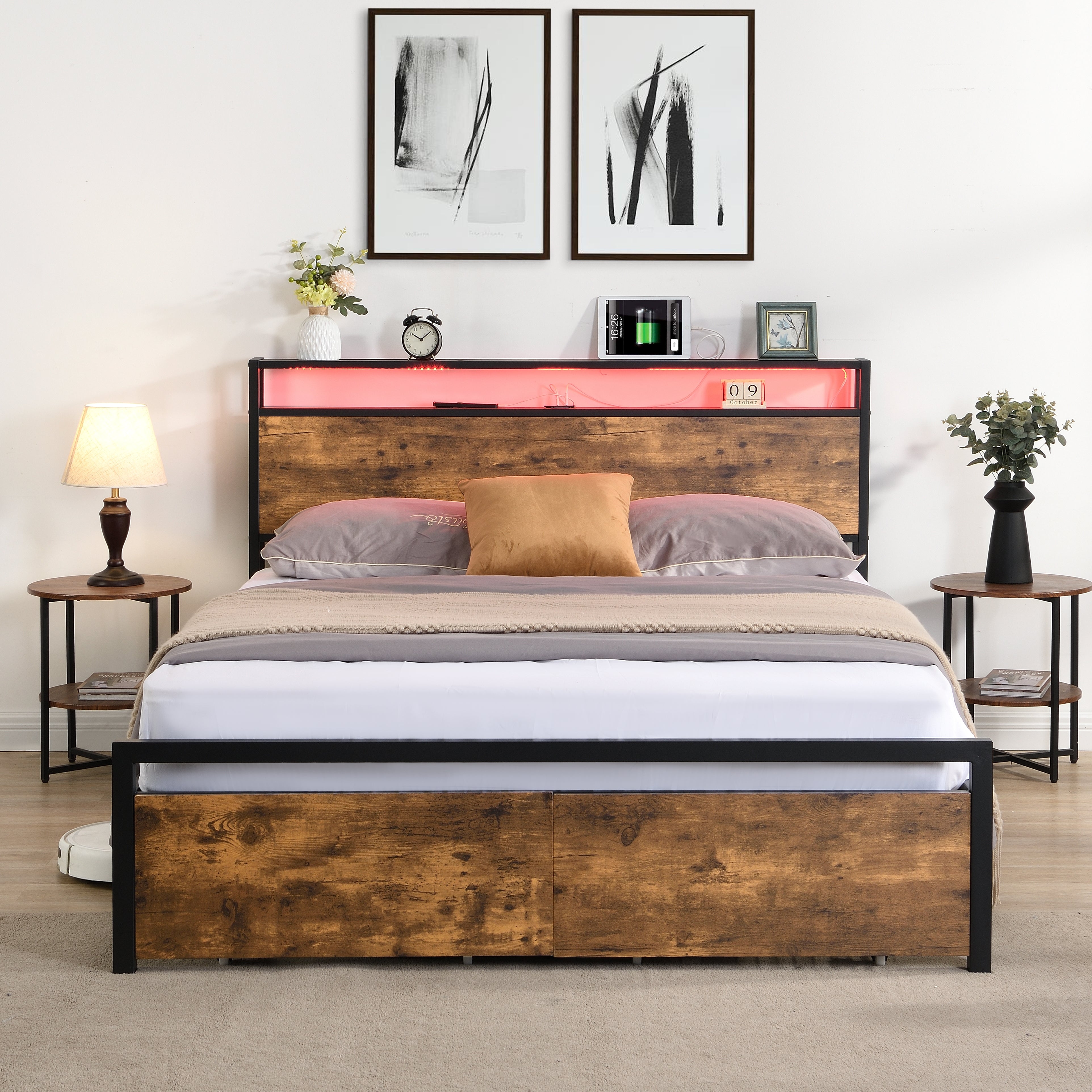 Metal Platform Bed with LED Lights, Charging Station, Storage Headboard, and 2 Drawers