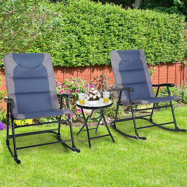 Costway 3pcs Folding Bistro Set Rocking Chair Cushioned Table Garden Blue