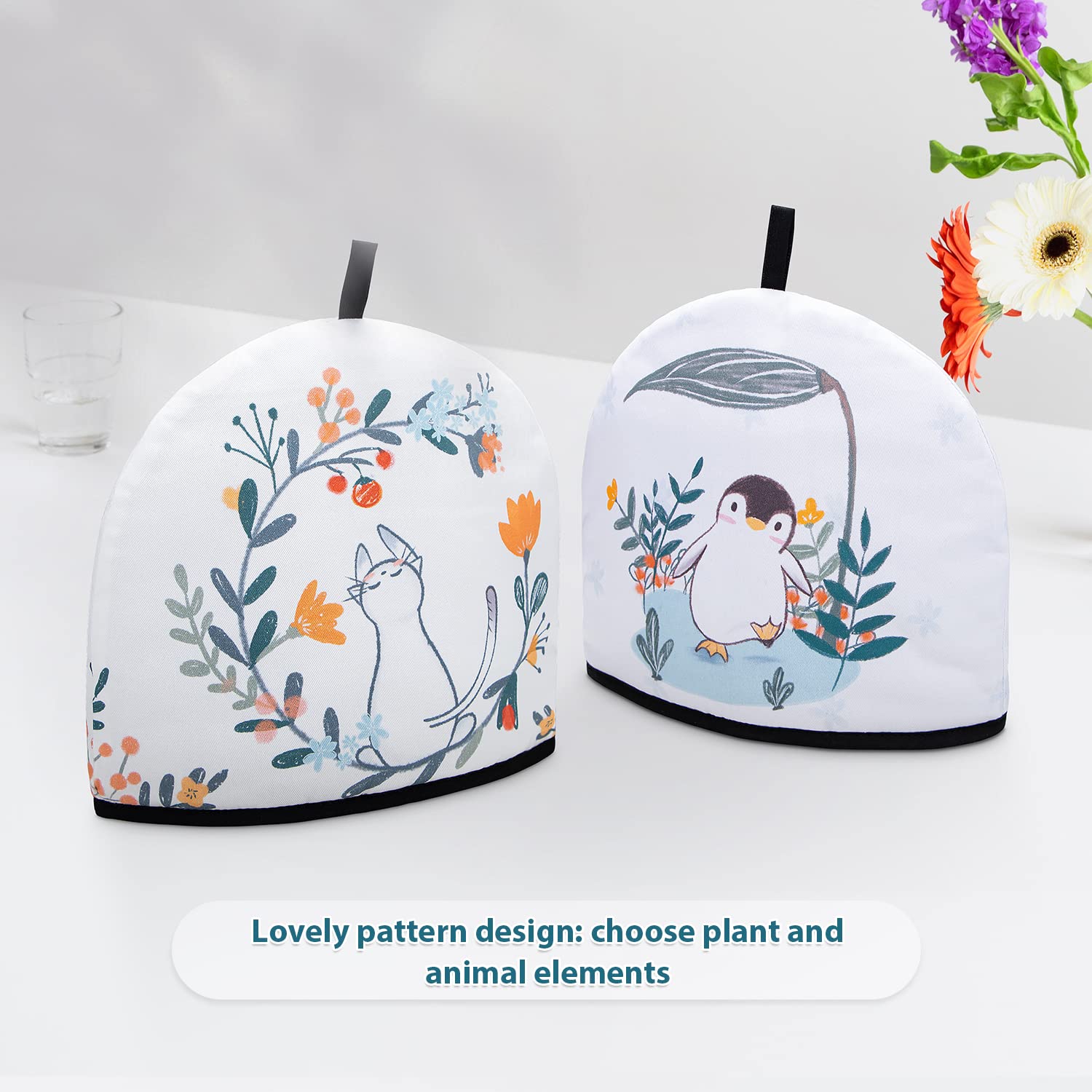 Adhafera Tea Cozy， Tea Cozy for Teapot with The Cat and Penguin Pattern， Gifts with 100% Cotton Polyester Wadding Cover， for Kitchen and Dining