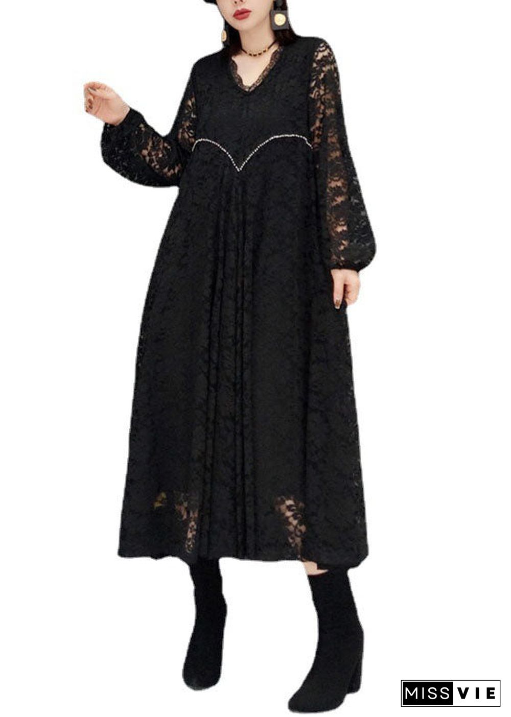 Plus Size Black V Neck Hollow Out Lace Dresses Spring