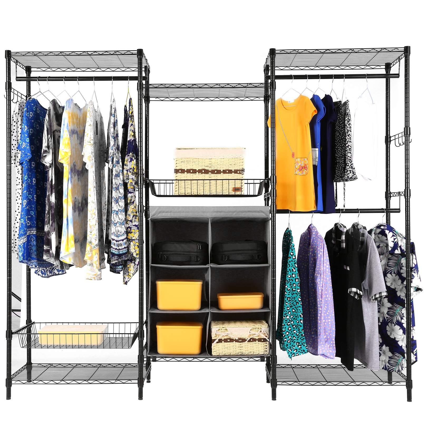 Garment Rack Heavy Duty Wire Clothes Rack with Closet Organizer Storage and Wire Metal Baskets Drawer, Max Load 800LBS, Black