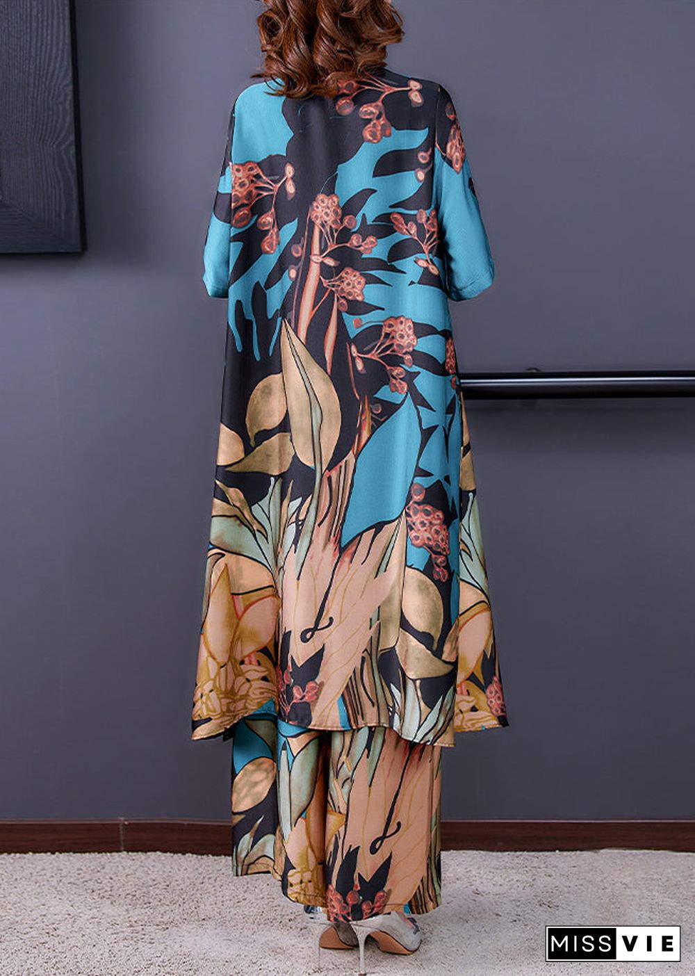 Elegant Blue Stand Collar Print Silk Shirt And Wide Leg Pants Two-Piece Set Half Sleeve