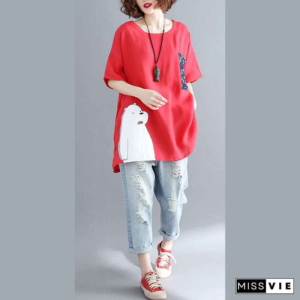 Simple red linen cotton linen tops women blouses Boho design pockets Batwing Sleeve daily tops