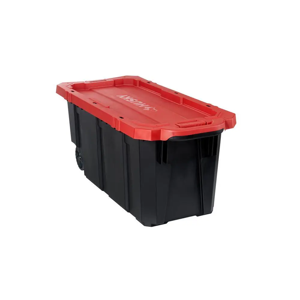 Husky 45 Gal. Latch and Stack Tote with Wheels in Black with Red Lid 206201