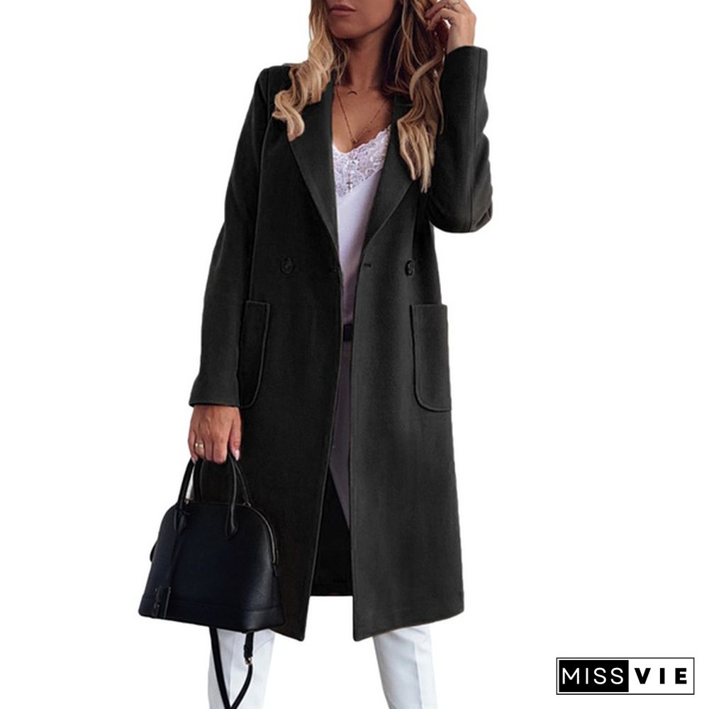 Fashion Women Autumn Winter Turn-Down Collar Pockets Buttons Long Coats Solid Casual Lapel Parka Ladies Jacket Button Coat