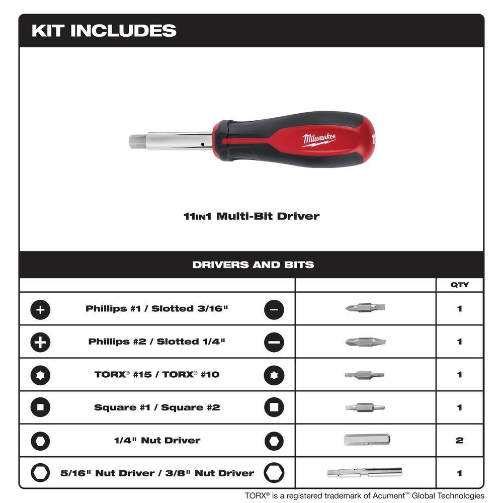 MW 11-in-1 Multi-Tip Screwdriver with Compact Folding Knife 48-22-2761-48-22-1521