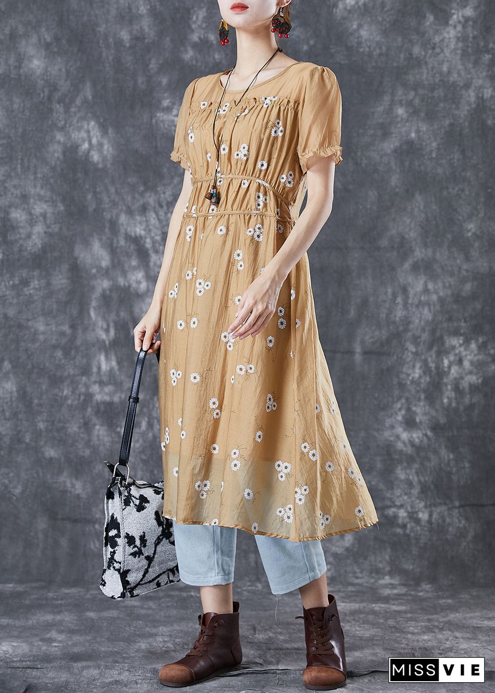 Vogue Khaki Puff Sleeve Patchwork Print Wrinkled Chiffon Dress Summer