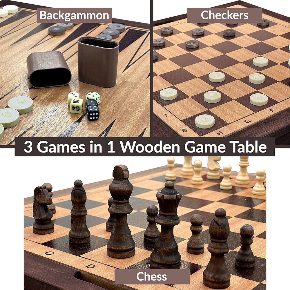 Sterling Games Wooden Chess Checkers and Backgammon 3 in 1 Combo Game Table Furniture Set  25\