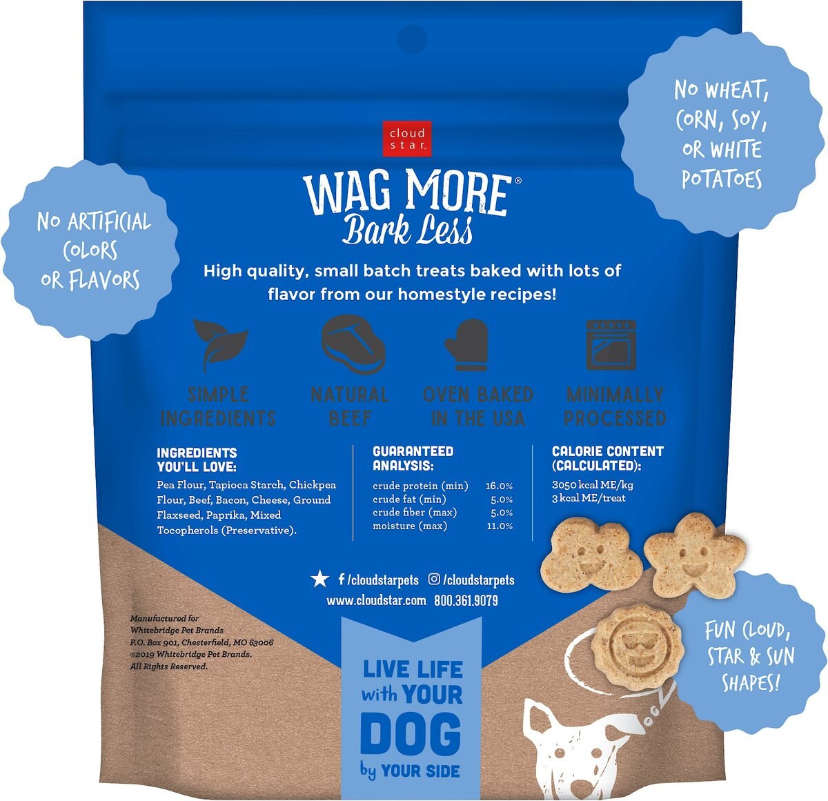 Cloud Star Wag More Bark Less Grain-Free Oven Baked Beef， Bacon and Cheese Mini Biscuits Dog Treats