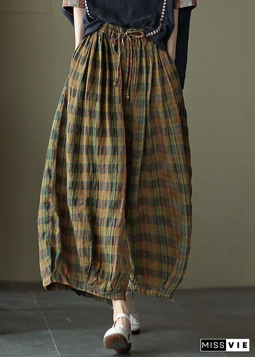 Yellow Plaid Print Cotton wide leg Pants drawstring Spring