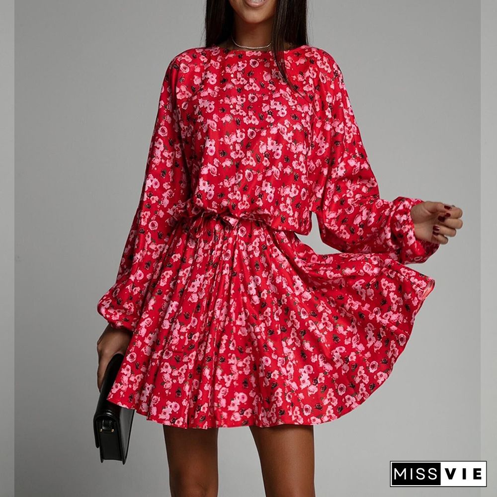 Women's Clothing Dresses Elegant Floral Print Dress O-neck Lace Up Full Sleeves A-line Mini Pleated Dresses New