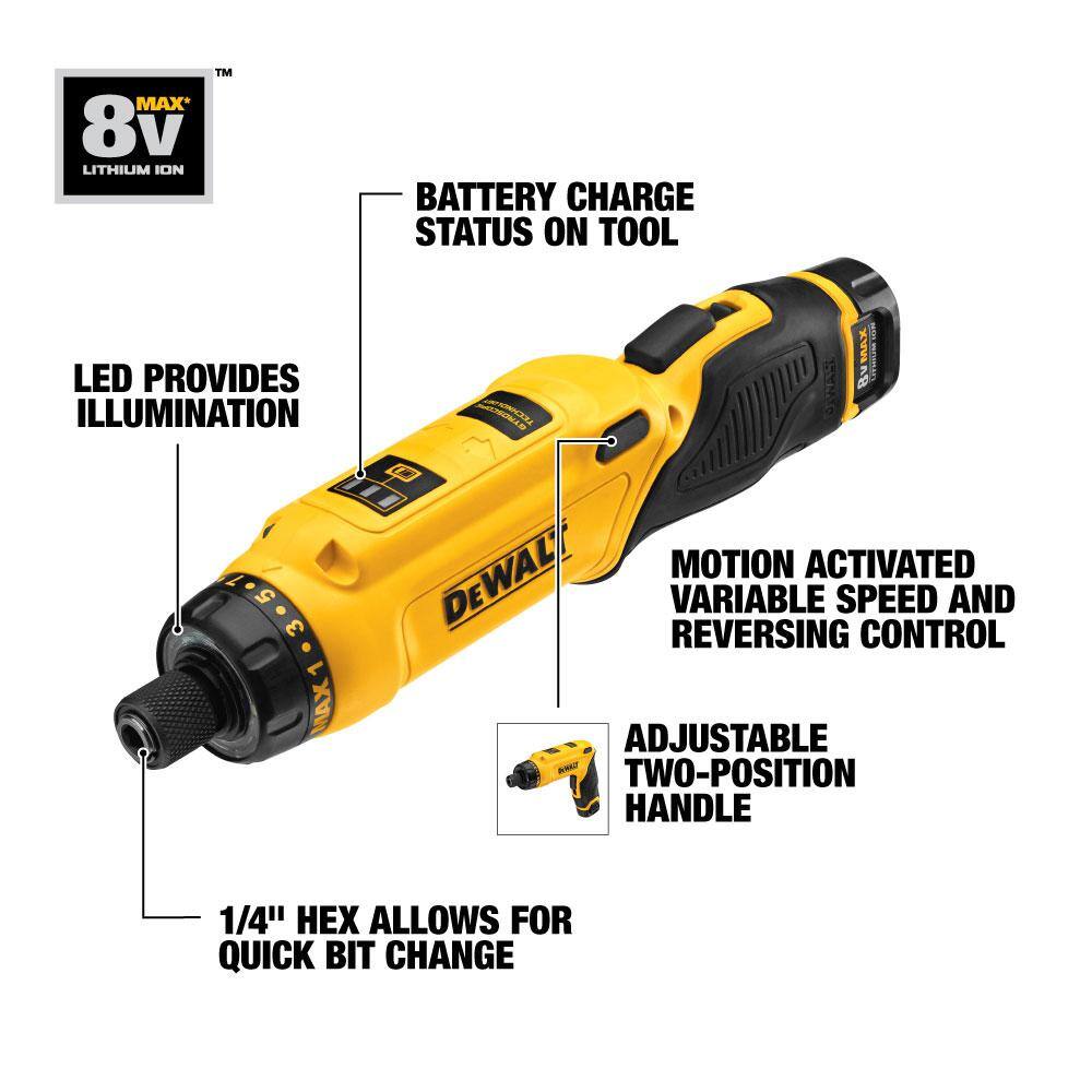 DW 8V MAX Cordless Gyroscopic Screwdriver with Adjustable Handle (1) 1.0Ah Battery Charger and Bag DCF680N1