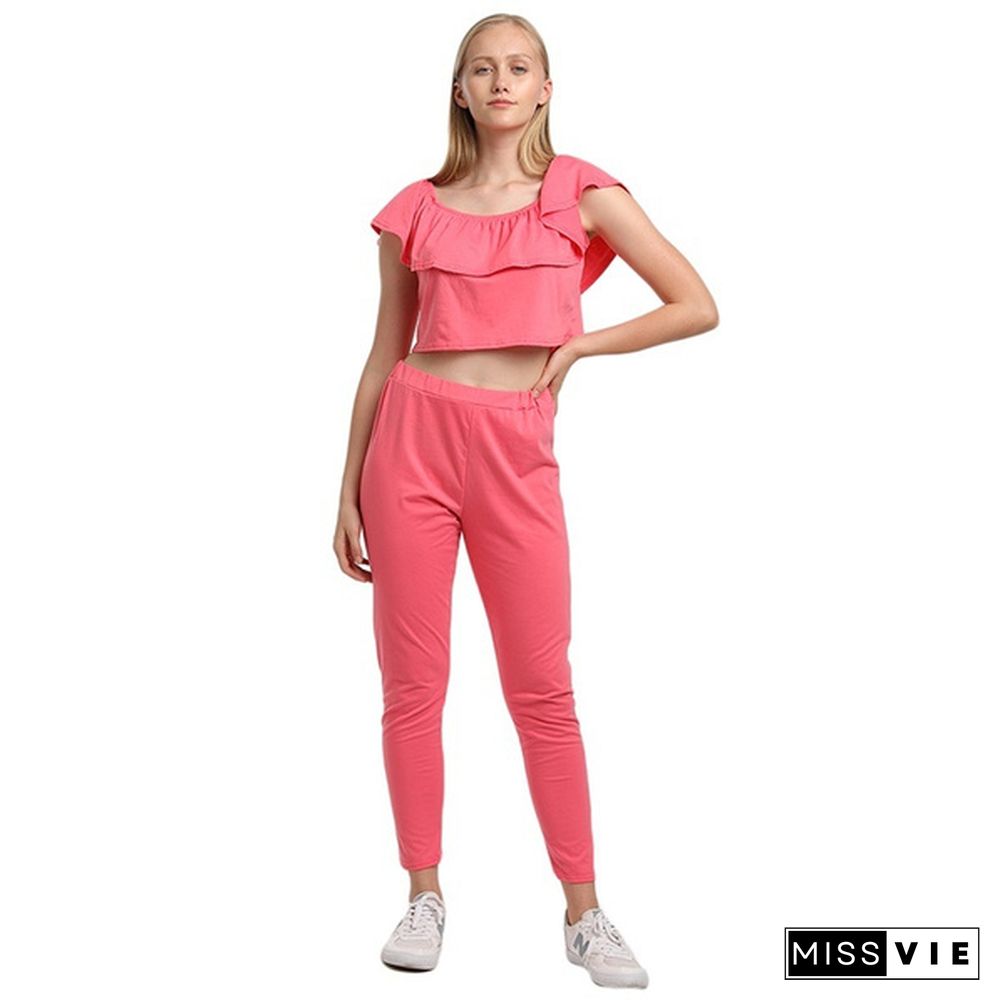 Fashion Off Shoulder Crop Top And Long Pants Two Piece Set Yoga Casual Women Outfits