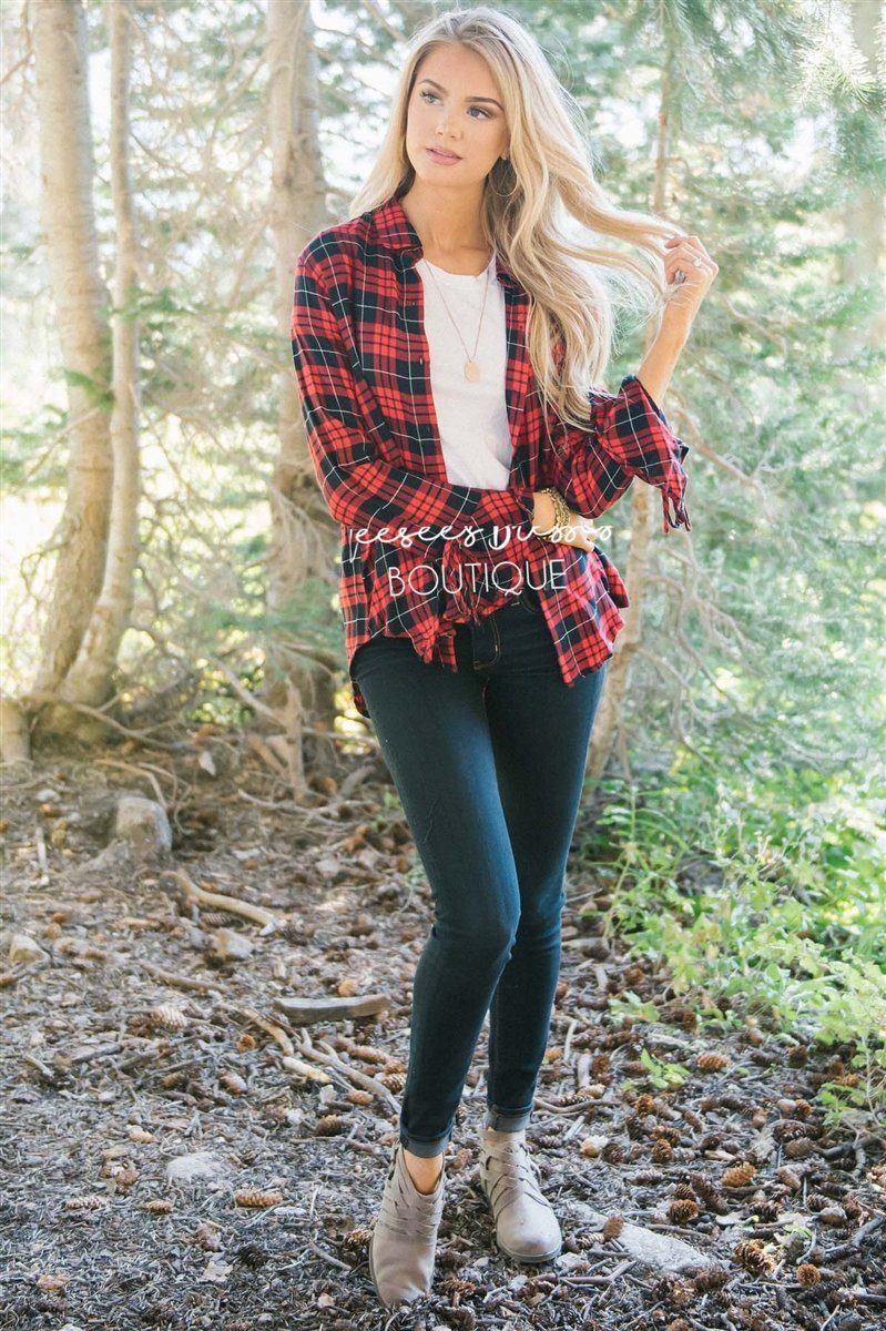 Plaid Button Down Tie Sleeve Top