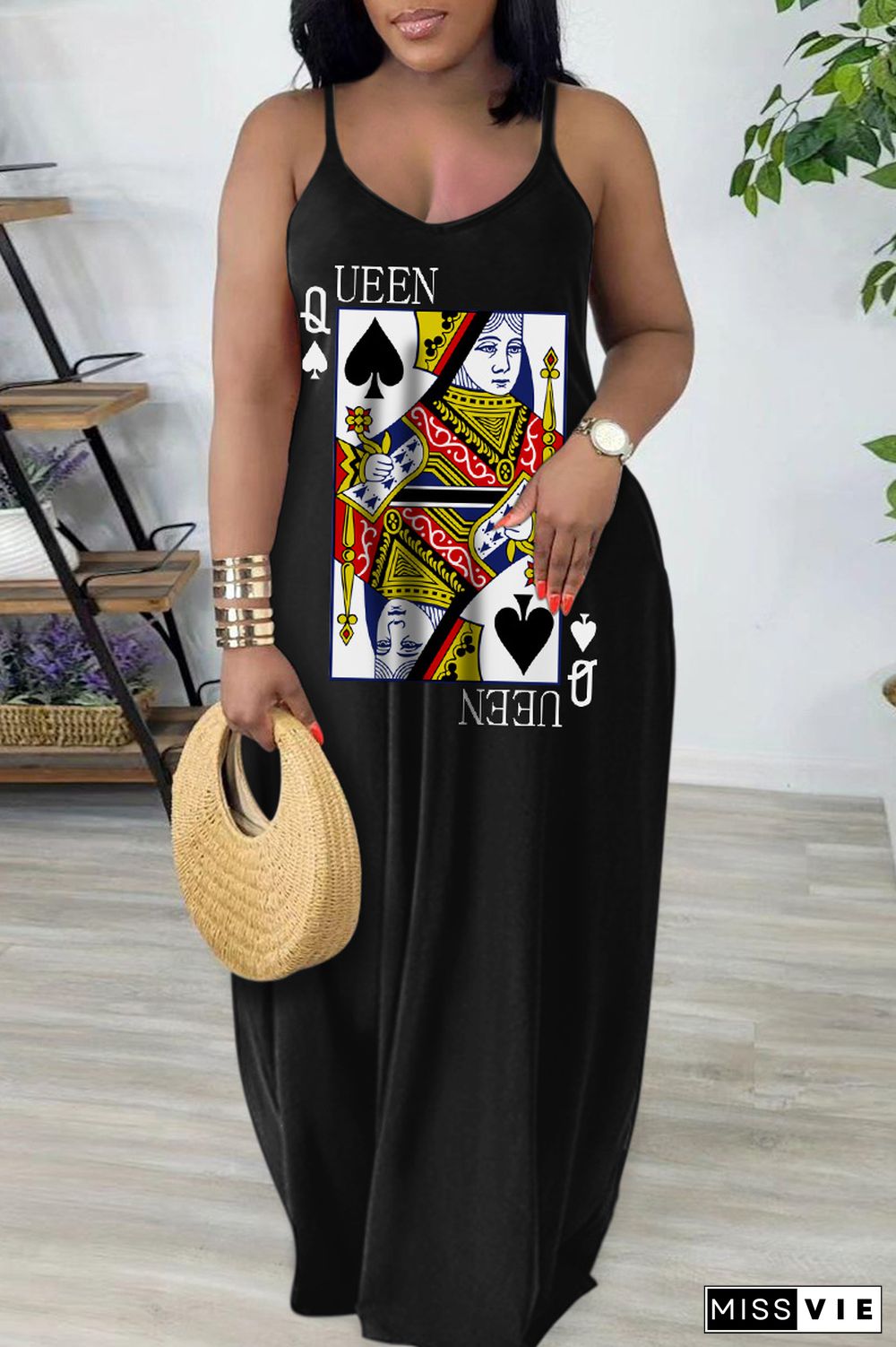 Black White Sexy Casual Print Backless Spaghetti Strap Long Dress Dresses