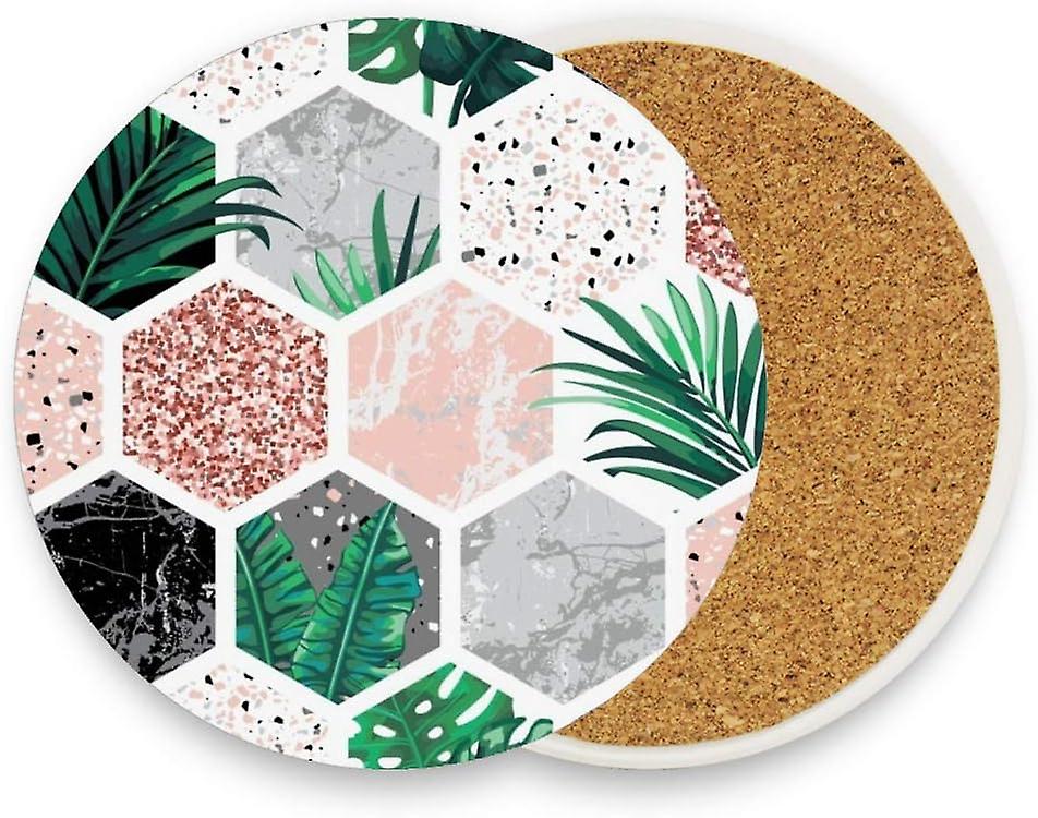 Printed Round Geometric Marble With Leaves Splashes Ceramic Coasters With Cork-backed For Coffee Drink Cup Mat Absorbent Stone Coaster Set Of 1/2/4