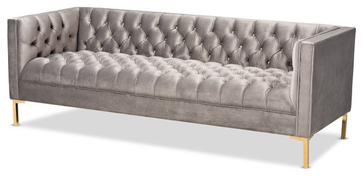 Baxton Studio Zanetta Tufted Velvet and Wood Sofa in Gray and Gold   Contemporary   Sofas   by VirVentures  Houzz