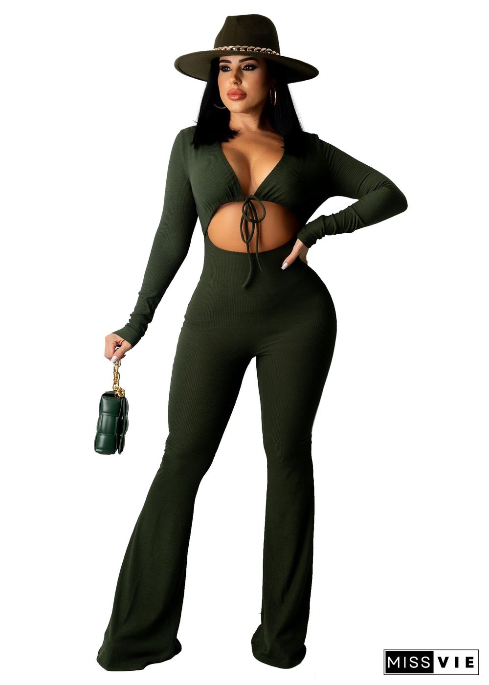 Ribbed Cropped Stretch Pit Strip Long-sleeved Flared Jumpsuit