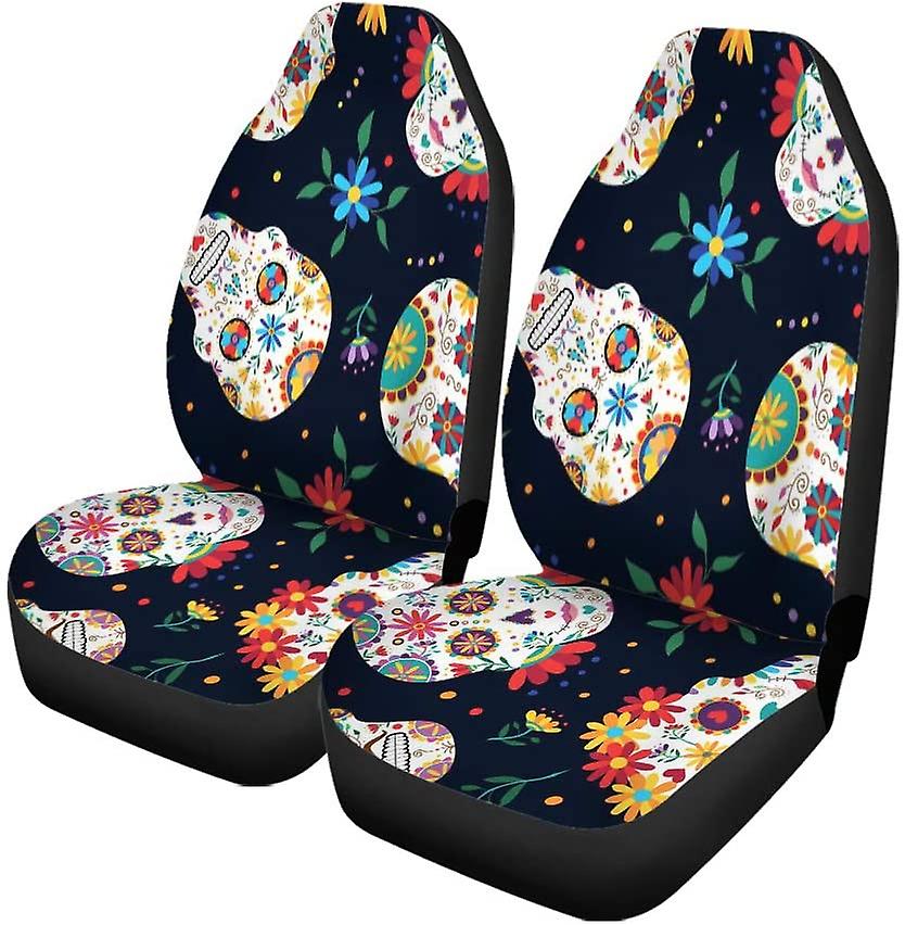 Set Of 2 Car Seat Covers Day Traditional Sugar Skull Flowers And Colorful Dead Universal Auto Front Seats Protector Fits