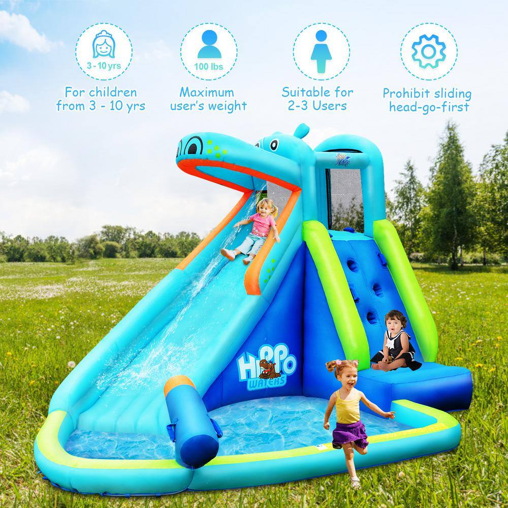 Costway Blue Inflatable Kids Hippo Bounce House Slide Climbing Wall Splash Pool with Bag OP70100