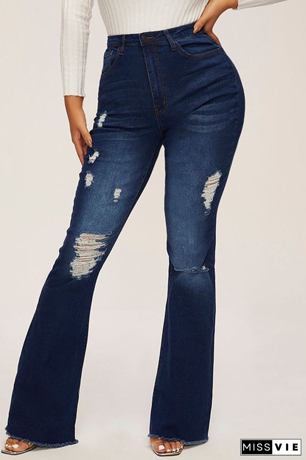 Fashion Casual Solid Ripped High Waist Regular Denim Jeans