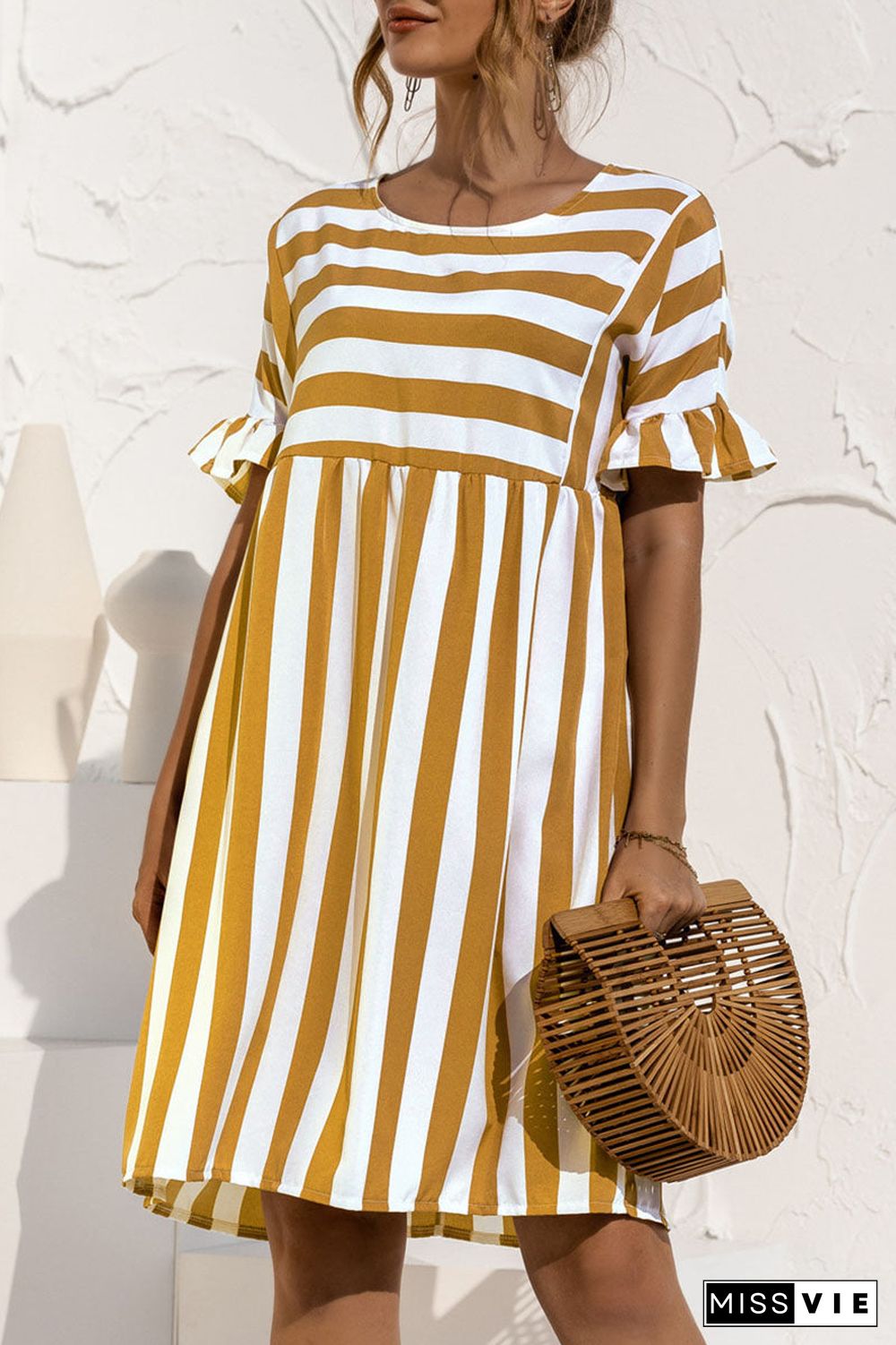 Fashion Casual Striped Split Joint O Neck A Line Dresses