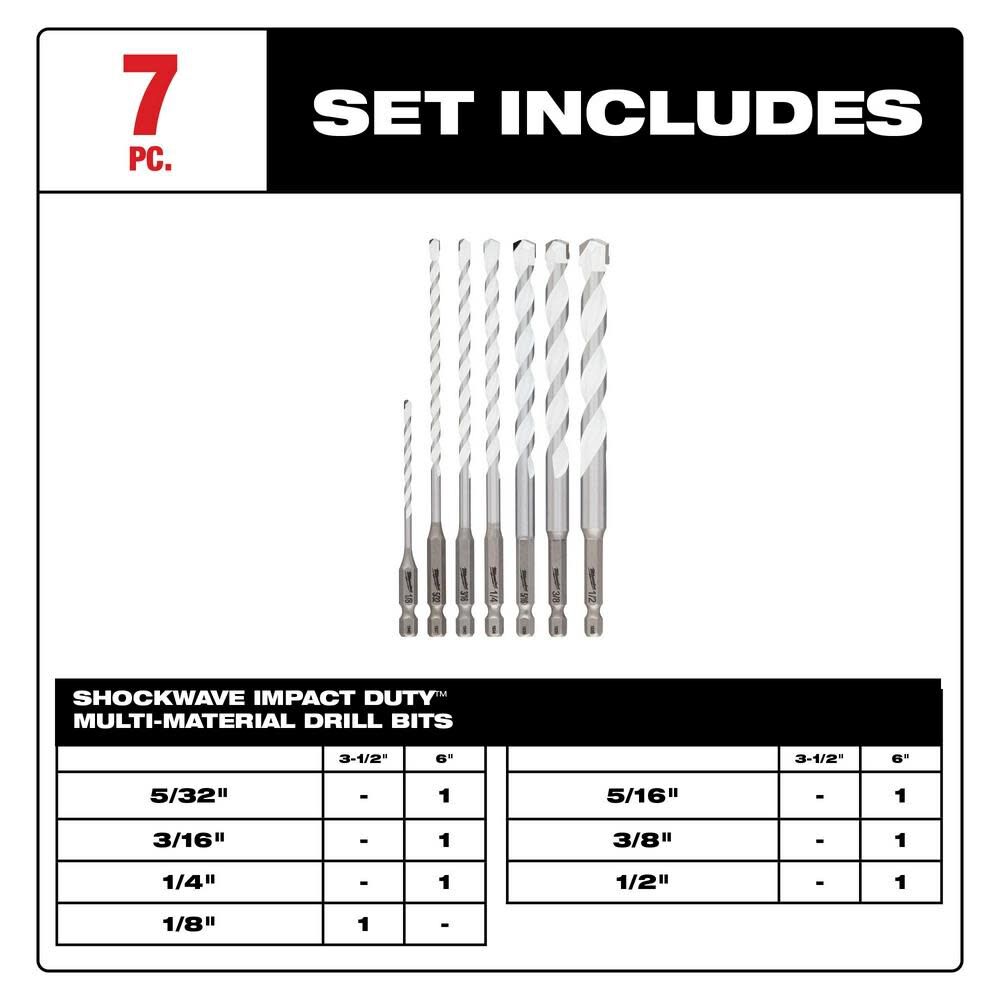 MW 7pc. SHOCKWAVE Impact Duty Carbide Multi-Material Drill Bit Kit 48-20-8899 from MW