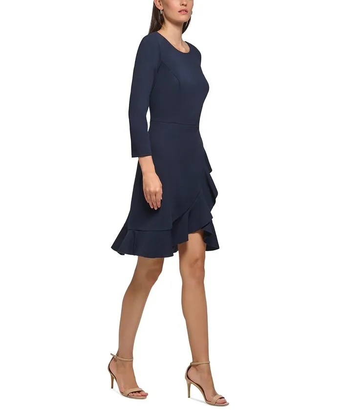 Women's Scoop-Neck Ruffle-Trim 3/4-Sleeve Dress