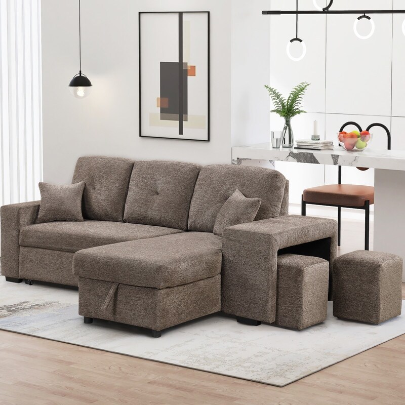 Reversible Sleeper Sectional Sofa Couch with Side Shelf and 2 Stools  Pull Out L Shaped Sofa Bed  Corner Sofa Bed with Storage